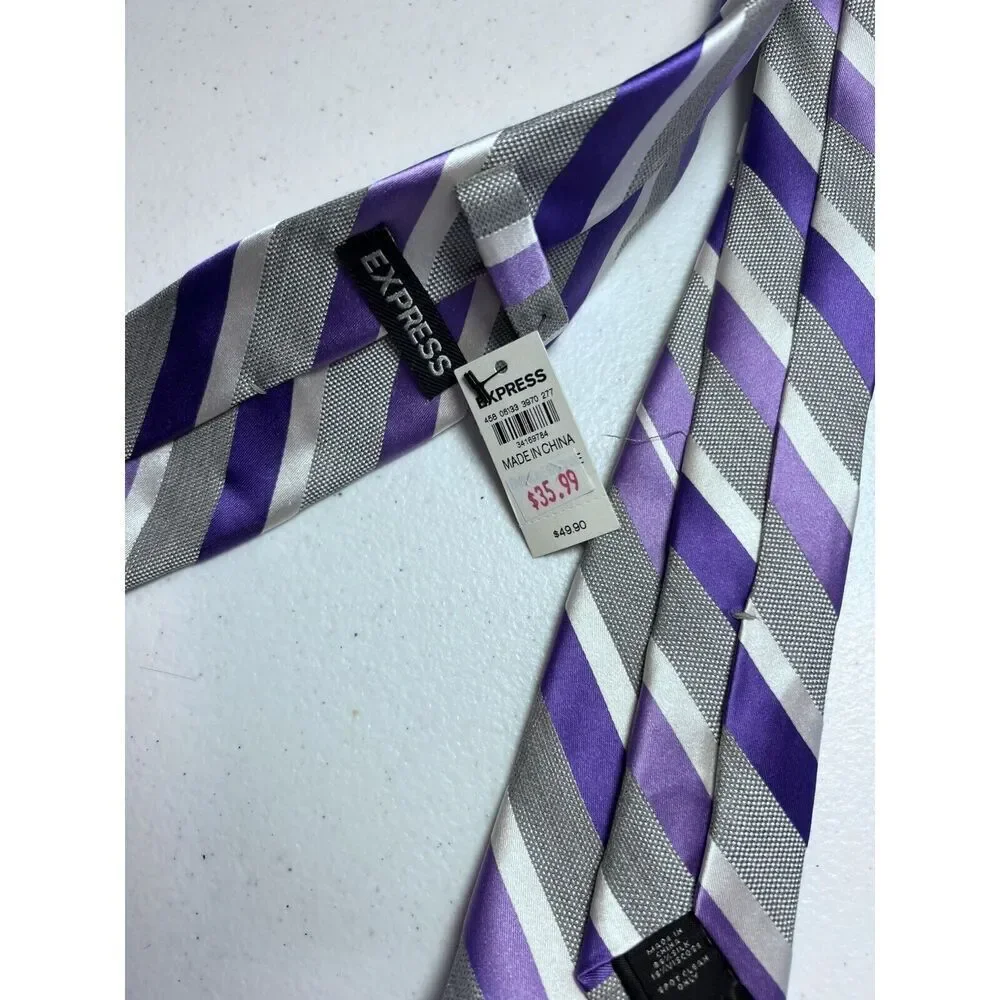Express Grey Purple‎ Striped Silk Skinny Tie NWT